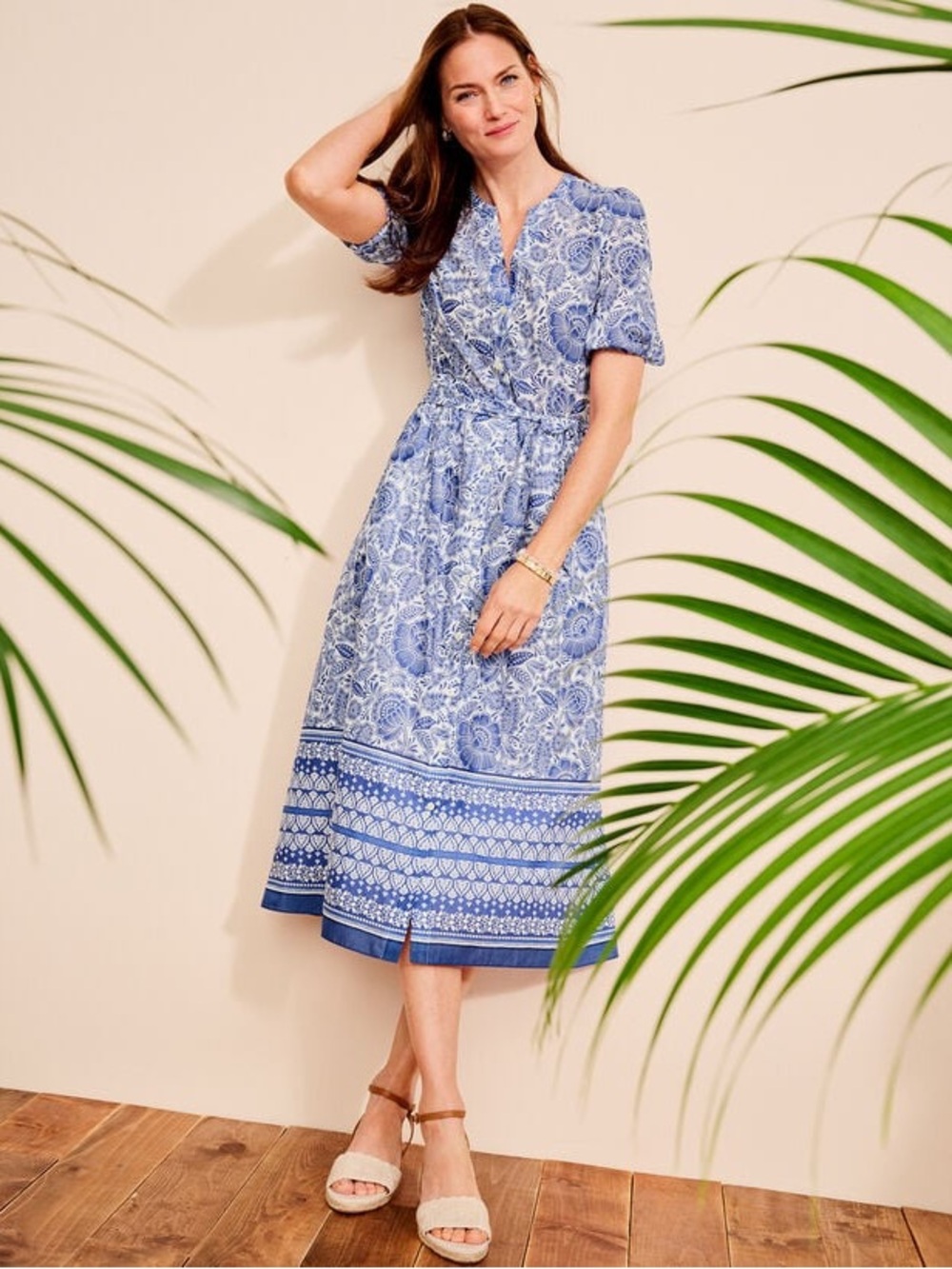 Talbots Puff Sleeve Fit & Flare Belted Blue Floral Front Button Dress Size 16 NW - Picture 10 of 10